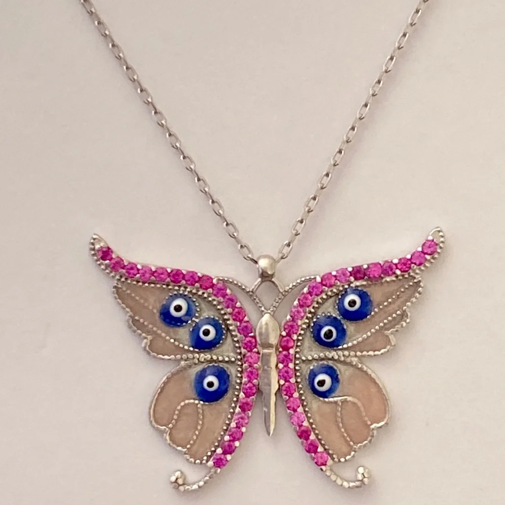 925 Silver pink butterfly evil eyes necklace